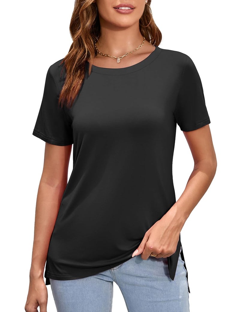Herou Side Split Tops for Women Casual Summer Short Sleeve Crewneck T-Shirts Tees Black Large - Image 2